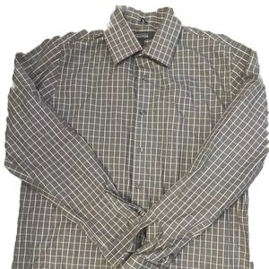 Kenneth Cole Reaction Shirt Large 16   34-35 Slim Fit Gray Black Check